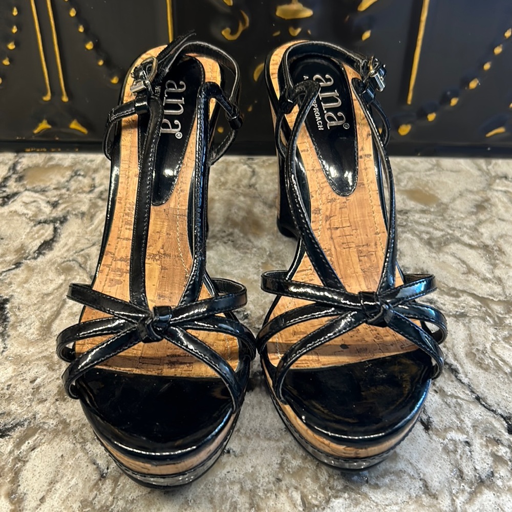 Strappy Black Patent Leather Wedge